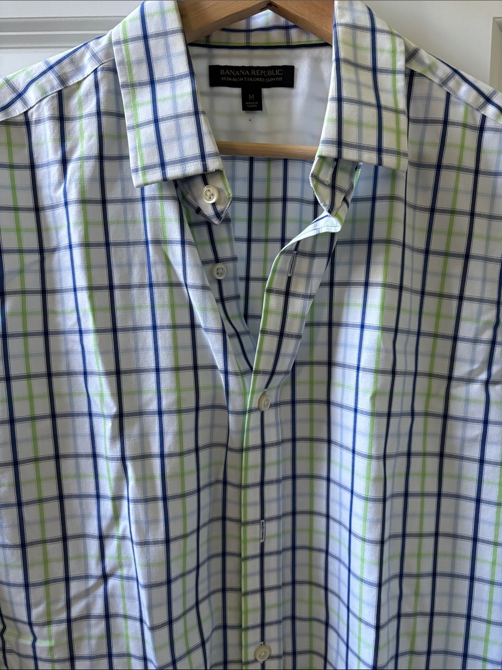 Banana Republic Men's White Button-Down Shirt with Blue & Green Plaid
